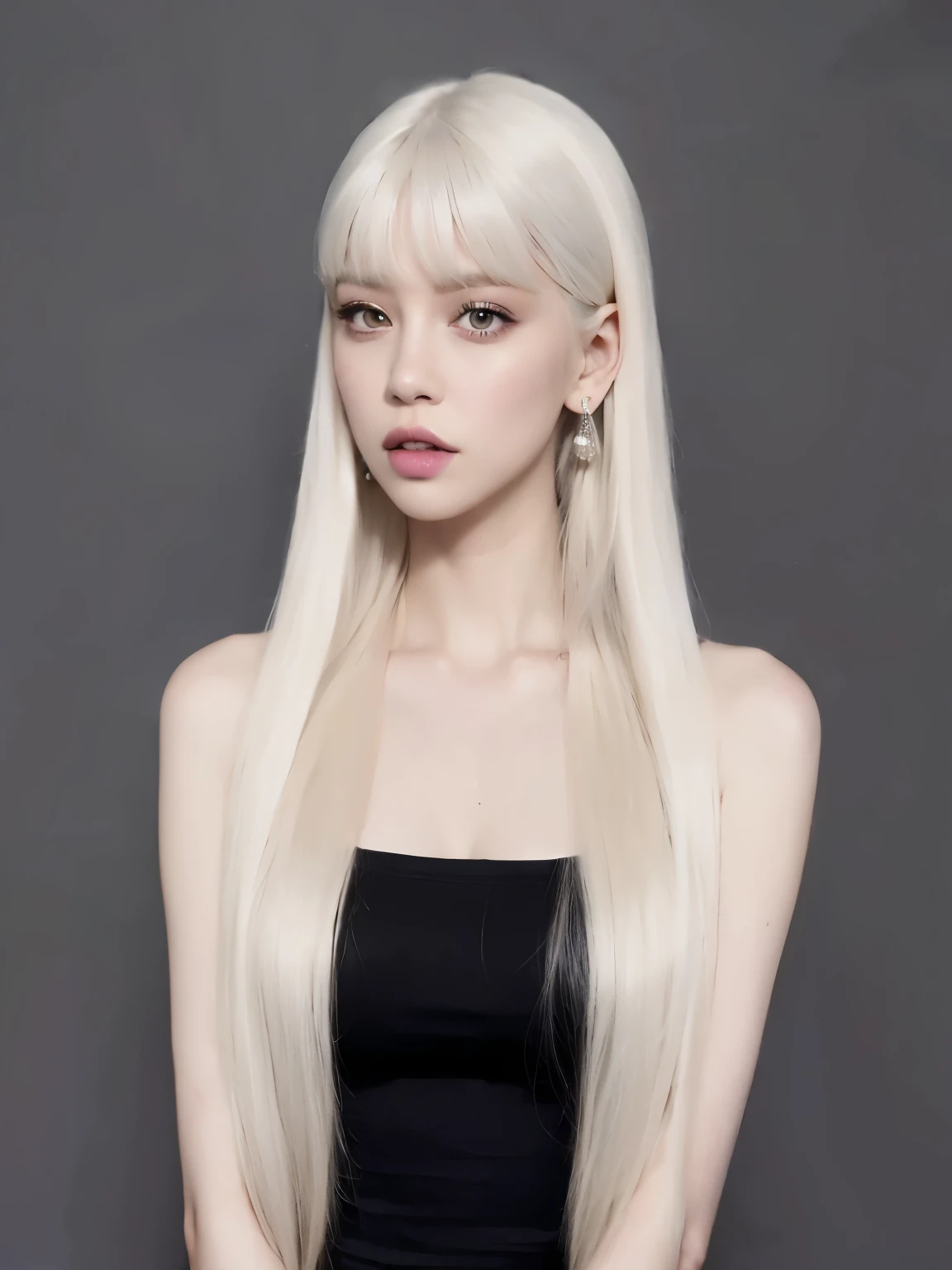 A woman with long blond hair and a black dress, Lalisa Manobal, long and white hair with bangs, white hime cut hairstyle, Lalisa Manoban of Blackpink, long hair with bangs completo, with long white hair, long hair with bangs, with long and white hair, roseanne park of blackpink, long and straight white hair, white straight hair, long and straight bangs