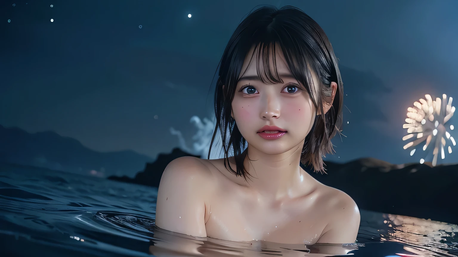 (masterpiece:1.1)、highest quality、(super detailed:1.3)、photo art、4k wallpaper、Detailed and realistic、alone、Beauty、cinematic angle、Beautiful face and eyes、short hair、bikini and skirt、jewelry accessories、Observe your surroundings、Waiting and watching、coastal、Illuminated by the moonlight