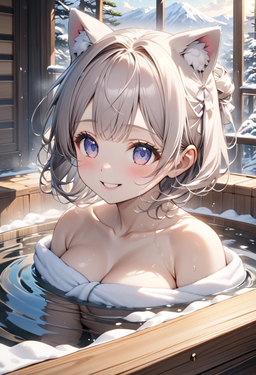 (masterpiece, ultra-detailed, best quality, clear focus, dramatic scene, cinematic), shadow, (ultra-high resolution, 8k), perfect anatomy, perfect face, (detailed face, detailed eye, chibi), (cute Japanese chibi girl:1.3), famous Japanese chibi idol, very beautiful and cute and cool face, (She has a bath towel wrapped around her body:1.2), (medium breasts), She is bathing, (She is sitting in the excellent Japanese wooden bathtub that made of cypress:1.3), the modern open air bath is made of woods with tiles, gentle sunlight, professional lighting, (Steam rises from the bathtub filled with hot water), the cat looks so happy with her, (detailed giant fat cat is mewing:1.3), she looks so happy, Outside the window is a snowy scene, happy smile, amazing view of snow mountains