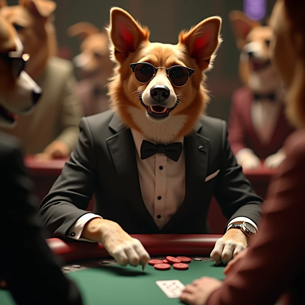 a dog playing poker at the dog casino, he is dressed in a suit and wears sunglasses, he is surrounded by dogs dressed in dresses, he gives off charisma, the background is a little blurred, we can see the dog casino, with only dogs dressed in suits playing at the casino, photorealistic, 4k