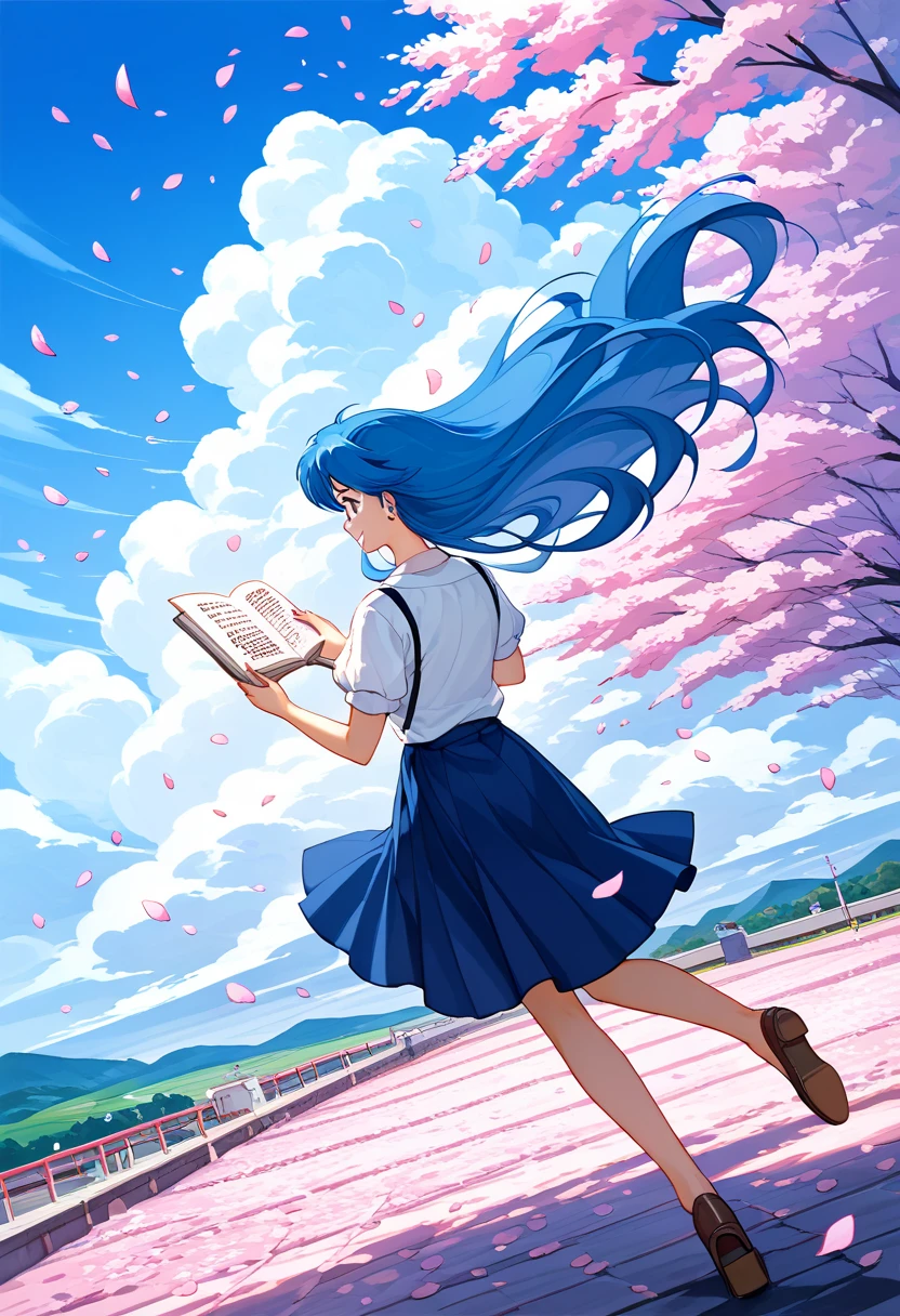   score_9,   score_8_up,   score_7_up, (  Masterpiece  ), (  top quality), ( super detailed), (Illustration),( 1 Woman :1.6),  Japanese ,beautiful瞳,  blue hair ,  Casual clothes ,beautifulグラデーション,(Woman smiling),( The background is countless pink petals fluttering through the air),(  back view),( Women look back here :1.2),( Hair swaying in the wind ),( 、Writing depth  ),(dynamic),(顔のup),(beautiful顔),(beautiful瞳),(  anime artwork  :1.2),(  Flat Color  ),  studying 80s anime style , dynamic angle , beautiful,  pastel color  