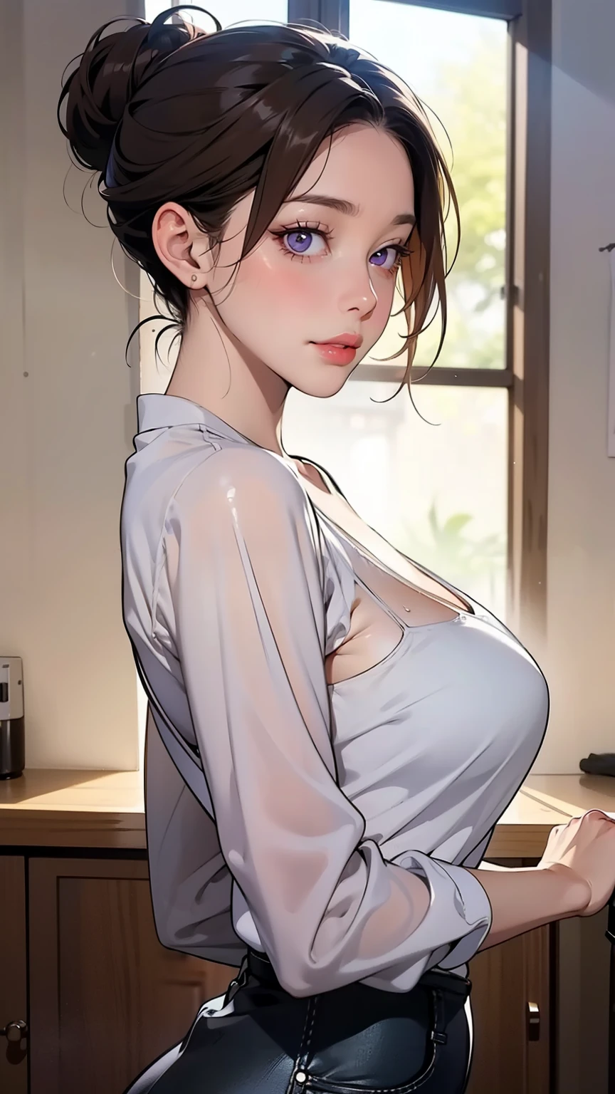 masterpiece, HQ, 4k, detailed face, hyper realistic, brown hair, high ponytail, 16yo teen girl, slender, petite, skinny, both hands behind head, standing, classroom, shy, blushing, humiliated, ((dark blue plaid pleated skirt)), ((wet button-up white shirt)), sunlight on skin, medium boobs, ((breasts and nipples visible through shirt)), (buttoned up shirt), shocked expression