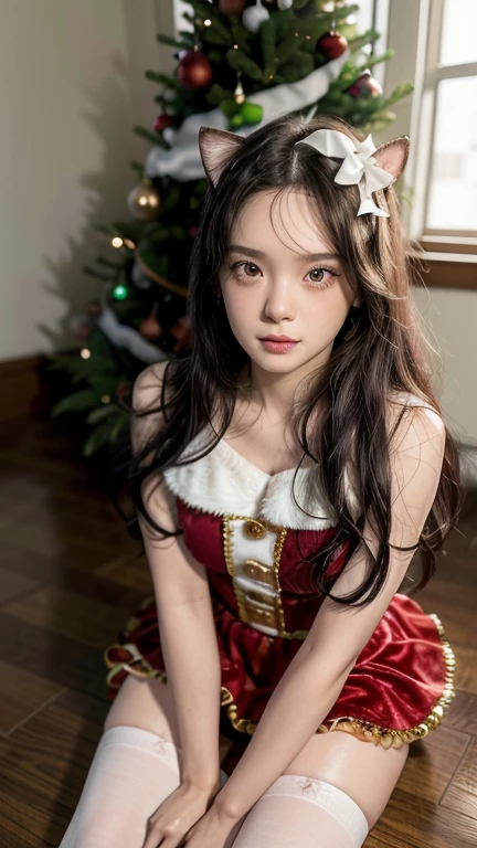 photograph.,realistic,good lighting,professional Photography,masterpiece,good hand,good finger,good nail,A stunning beautiful young woman pale skin beauty pose sitting wearing a red velvet Christmas costume. The costume consists of a cropped sweetheart neckline top with white fluffy trim and a two-layered flared skirt,also with white fluffy trim. She is wearing matching red velvet gloves and red cat ear headbands.  She is also wearing white thigh-high stockings with white bows. The background is a soft cream color with a beautifully decorated Christmas tree to her side and a brown teddy bear to the right.  Soft lighting from above creates subtle shadows on the costume and her face. The overall atmosphere is warm,cute,and festive. The colors are vibrant,highlighted by the red of the costume,the green of the Christmas tree,and the white of the stockings. All details are sharp,skin is smooth,eyes are bright,hair is neatly styled,pose is natural and charming.