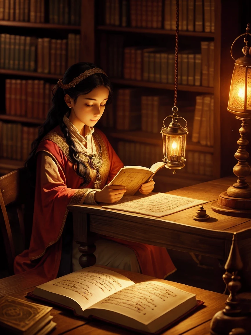  Ancient Numerologist in the Ancient Library **:
   * The mood of the picture *:  mysterious and secluded .
   * Business*:  Numerologist is a young woman sitting at a massive wooden table in an ancient library ,  surrounded by ancient books and scrolls .  Antique items on the table : A magnifying glass, antique clock , astrolabe.  The soft light of a lantern illuminates his face ,  diligently studying complex numerical sequences and symbols on an open book in front of him.
