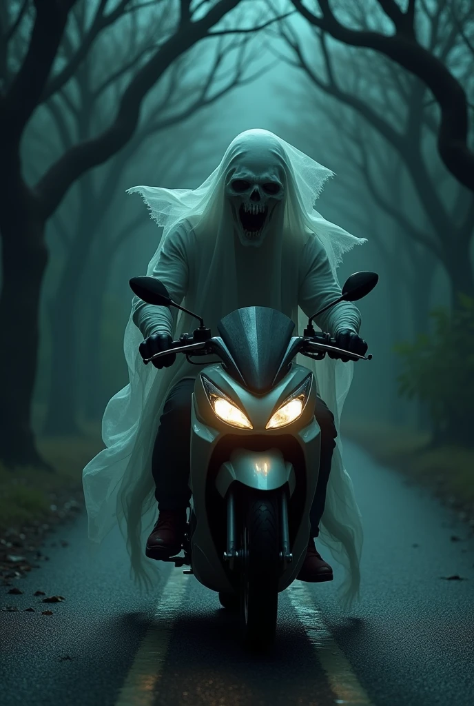 Creepy ghost is whispering something into the ear of a food delivery man who is on a motorbike by a building in a foggy night and the food delivery man's face is scared
