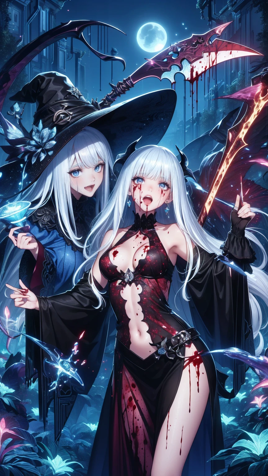 ,Multiple Girls,Frolicking Girl,Multiple women,tea ,Crazy Smile,Look up,Face shot,Scythe Face,Girl Monster, slave,beautiful, Detailed portrait, Delicate facial features, Sharp Eye, Sharp Fangs, Pale skin, Thick chain, Dark Background, Cinema Lighting, Dramatic Shadows, Gothic style, Gloomy atmosphere, Dark fantasy, One Girl, , Please open your mouth wide, Open your mouth and baring your teeth,Sharp teeth like a beast, Wide lips, very wide mouth, Vermilion cheeks, ,(Blood splatter:1.6),Scary face, Laughter　Witch design, Twisted smile、Bloodstained、bleeding from the head,,、Blood splatter、,(Blood splatter:1.6),Crossbones, skull,　, Horror Style, ((Fantasy Witch Costume)), ((Flowing white hair)), ,(Blood splatter:1.6),Female curves, Large Breasts, Thick thighs, Sexy flat stomach, Perfect hands, Perfect anime face, ((dark ta dress)), Are standing, ((Wicked Smile)), ,(Blood splatter:1.6),Victorian cities, gaslight, Steam circulates, Moonlight Illumination, night lighting, A sky filled with stars and galaxies,disaster々new devil horns,,(Blood splatter:1.6),アニメゾンビWitch design, Twisted smile、Bloodstained、bleeding from the head,,、Blood splatter、,(Blood splatter:1.6),Crossbones, skull,
