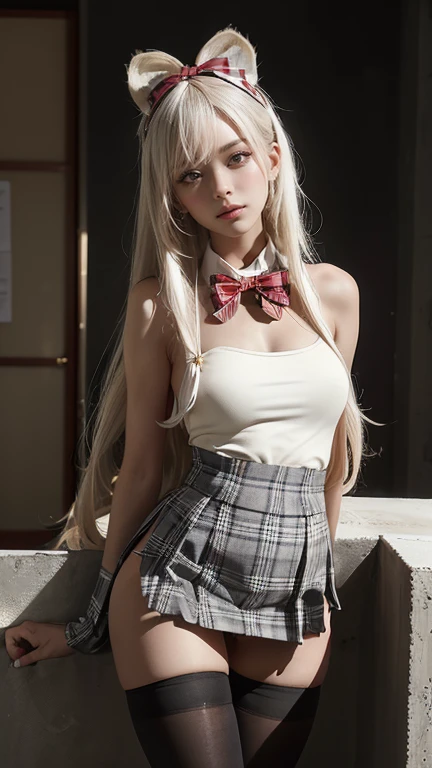 best quality,highly detailed,masterpiece,ultra-detailed,illustration,blonde hair ,hair ornament,stand,indoor,incredibly_absurdres,1girl,medium breast,nose blush ,realistic,long hair,summer_dress,garter straps,bishoujo,waving sv98