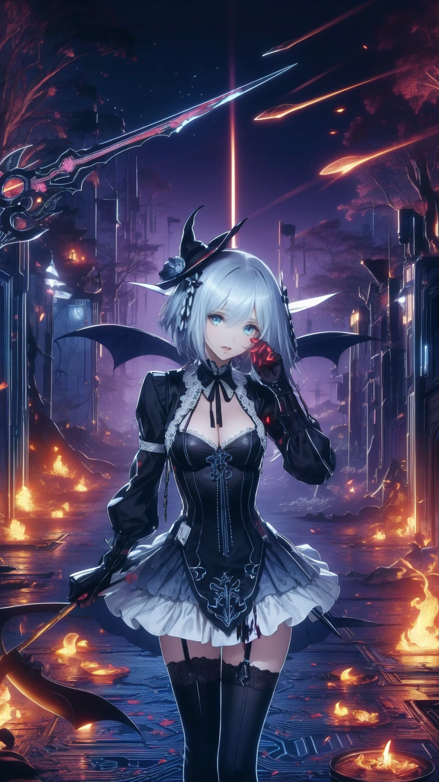 Fantasy, 1angel_girl,young_Teen, ,Silver_hair, short_hair, length_前hair, Hello,just_shoulder,Knee socks,Silver_armor, Waist_armor, ,sleepy,half_eye,1pair_wing, dynamic_Pause_Finding,floating, just_share, headgear,Gauntlet, Shin Guards,city_background,, alone, street background, night,Wicked Smile,Spooky