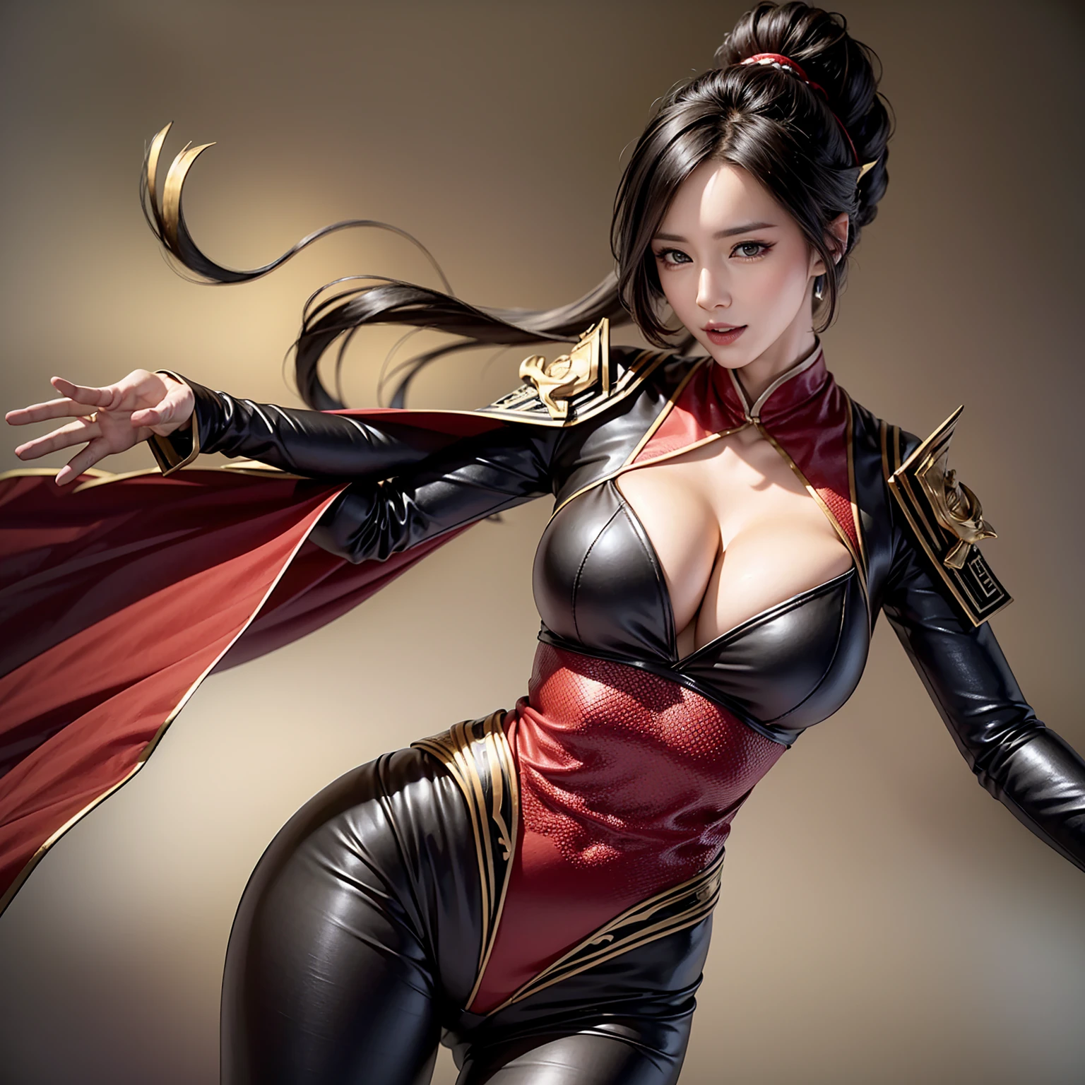 (Masterpiece :1.4, best quality ), beautiful illustrations , (natural side lighting, movie lighting), Looking at the Audienc,3/4 shots, close-up of a woman wearing red armor and a red cloak, 1 person, High Ponytail ,Cleavage , Thin Waist High Definition Face and Skin Textures, fine grain, double eyelids, Whitening,  top quality ,  super high resolution,simple background, Chinese Warrior ,Martial Arts, simple background,  very detailed,Beautiful female warrior,