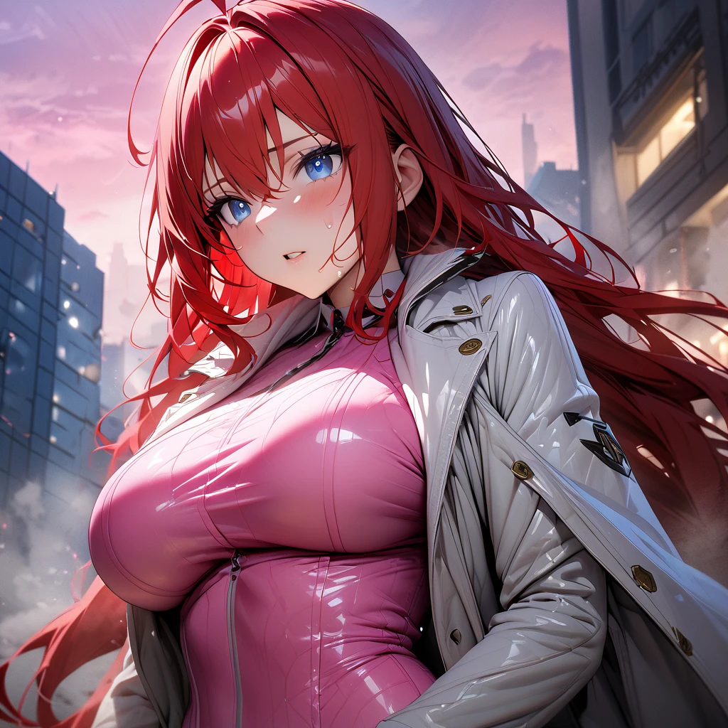 High resolution, masterpiece, best quality, high quality model, high detail, high quality, very detailed, ultra high resolution, red hair, long hair, ahoge, blue eyes, big breasts, sweat all over, steam, one woman, pink bodysuit, pink high leg leotard, white long coat, torn clothes, night, office district, rooftop of a building,