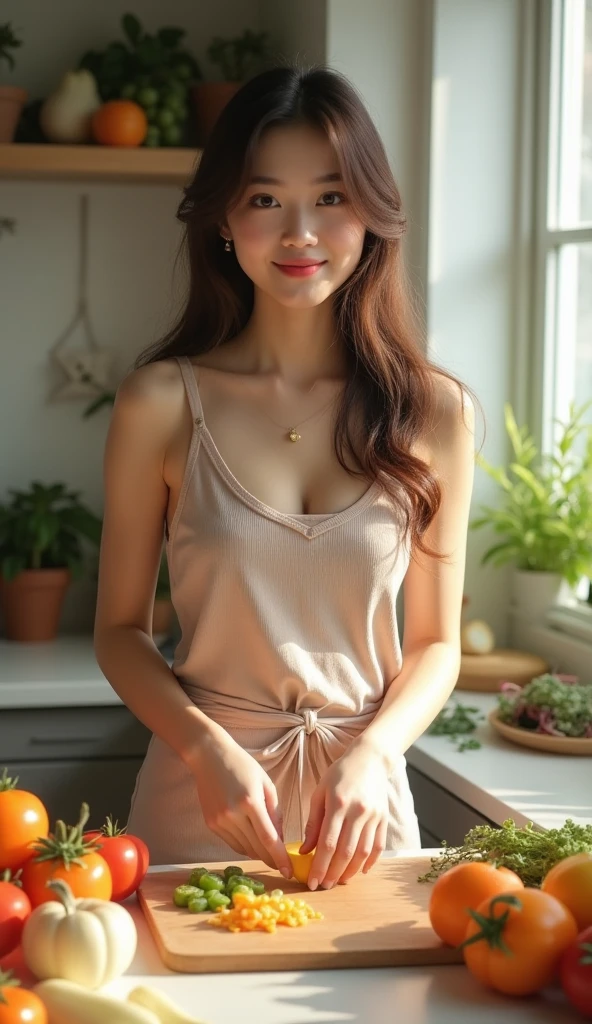 RAW, Best quality, high resolution, (masterpiece: 1.3), cute asian woman, Masterpiece, cute face, bright skin, fair skin, cute eyes, light make up, standing in a kitchen, feminine gesture, serene expression, body facing viewer, looking to viewer, wearing white midi dress, pretty dress, wearing pink cardigan, perfect cardigan, beautiful in cute pastel shades, at noon, Great lighting, great sunlight, Bright colors, Ultra realistic clean lines, very realistic
