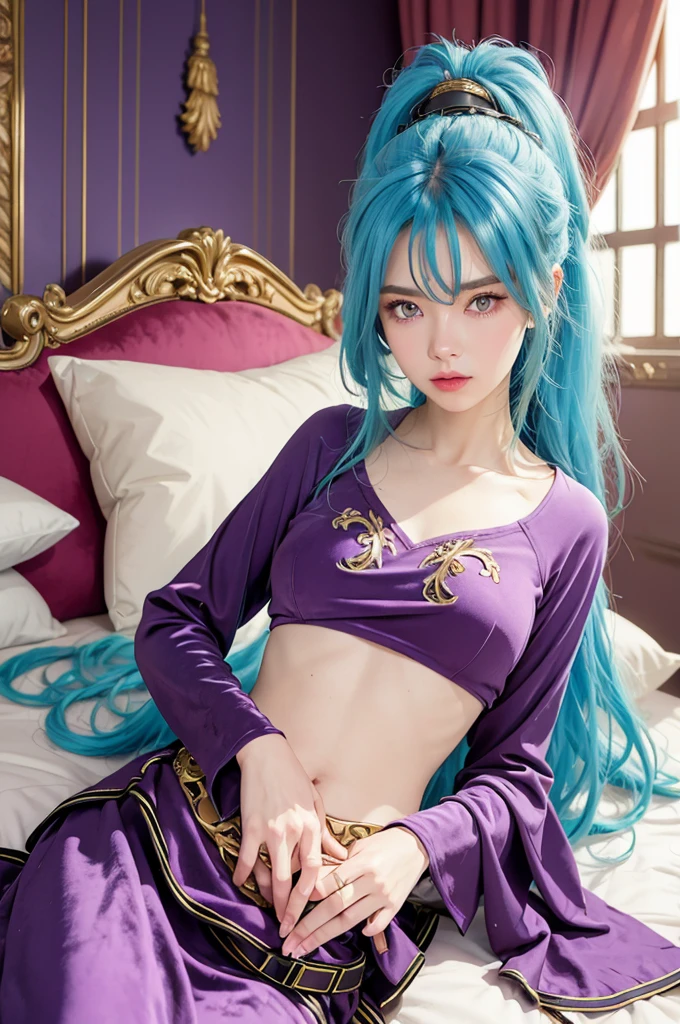 SCHALA, long blue hair, ponytail, purple eyes, long sleeved velvet top, midriff, navel,  purple velvet skirt, belt, jewels, lying on bed, hand rubbing stomach, relaxed, royal bedroom