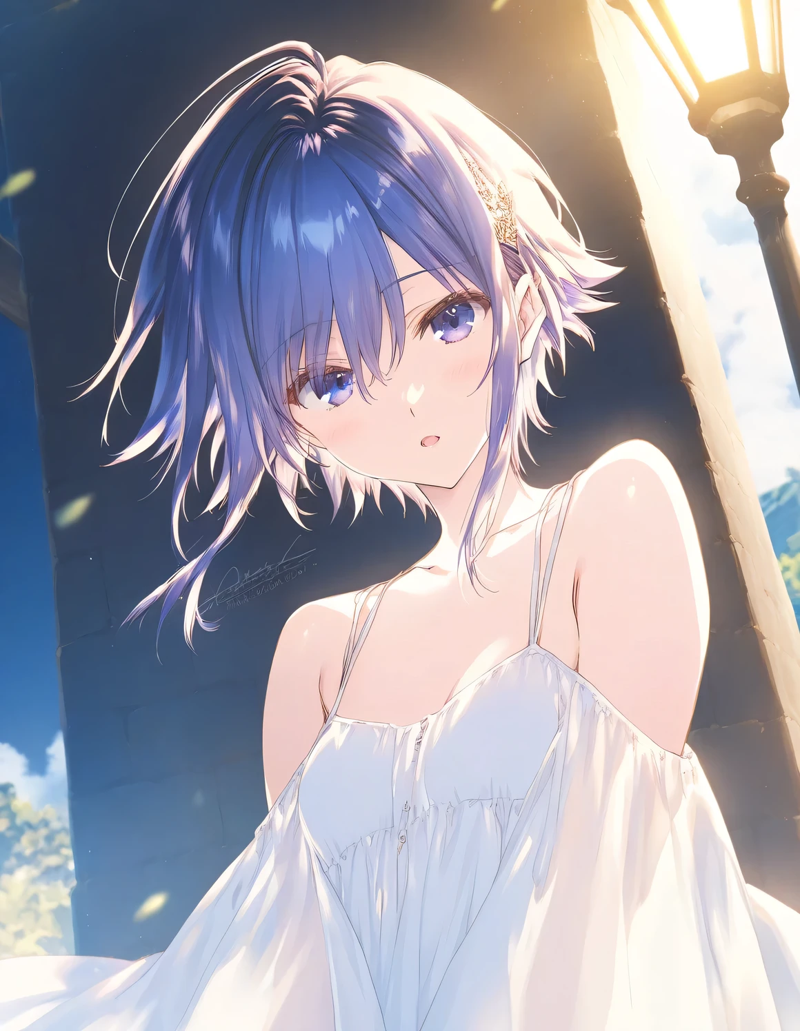 art:Cornflower, dream-like (Petite with beautiful, delicate eyes. The depth of field in the photo is perfect, The lens flare creates a nice atmosphere., {{Side-breasted:2}}}, Soaked Dress、Holding a sword