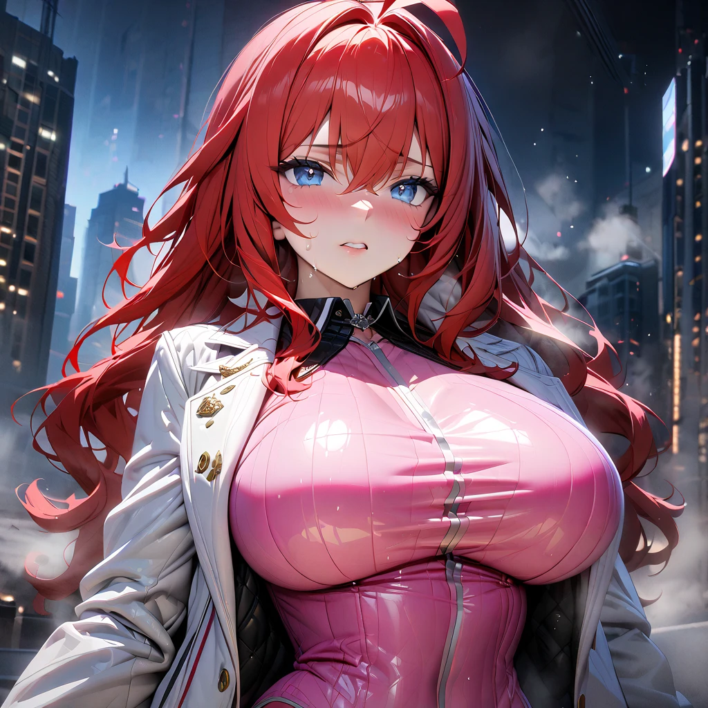 High resolution, masterpiece, best quality, high quality model, high detail, high quality, very detailed, ultra high resolution, red hair, long hair, ahoge, blue eyes, big breasts, sweat all over, steam, one woman, pink bodysuit, pink high leg leotard, white long coat, torn clothes, night, office district, rooftop of a building,