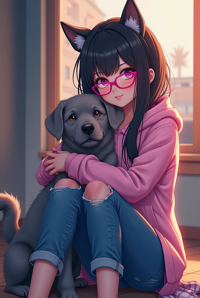 woman sitting cuddle dog, ((dog)), <lora:SweetCandy_Girl_and_dog_v1:0.5>,