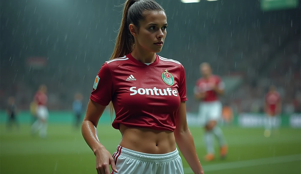 (8K, Raw photo, Best Quality, masutepiece:1.2), (Realistic, Photorealsitic:1.37),1 brunette girl,Beautiful Albanian,Powerful, (Solo),A detailed face, Dramatic Angle,
Red Albanian football/soccer Uniforms ,Sports, Look away,Sporty,Wet skin,Sweat,perfect breasts,perfect legs,soccer Venues,