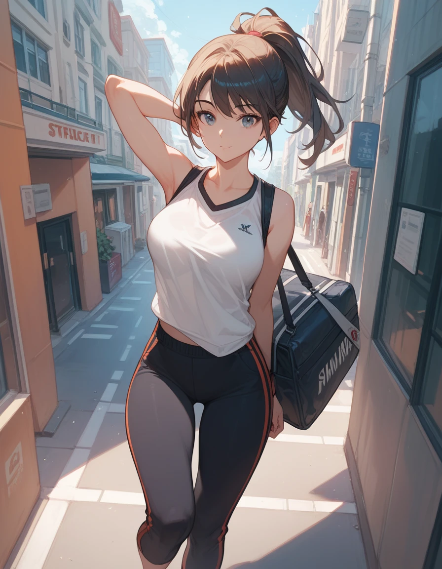 ((anime style)), 1 woman, dynamic angle, hard light, street, navy ponytail hair, loose sleeveless shirts, knee length pants, pumps, sport bag, hand behind head