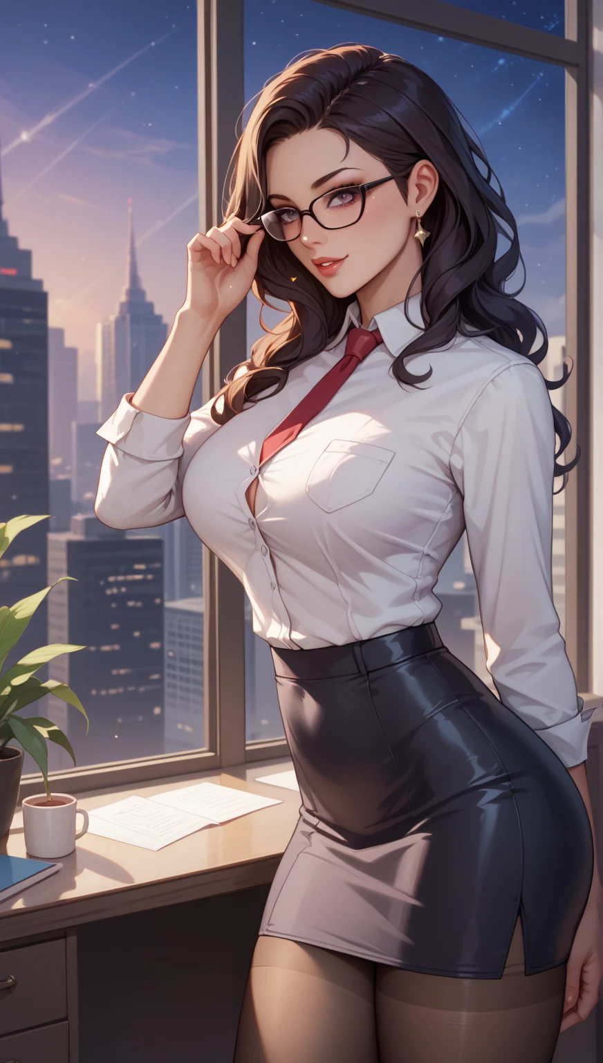 Best quality, solo mature woman, giant breasts, giant ass, very curvy, long straight ponytail black hair with fringe, icy blue eyes, full lips, seductive, stoic face, office uniform, white button up, straight uniform pants, black blazer, silver studs, thick thighs, curvy physique
