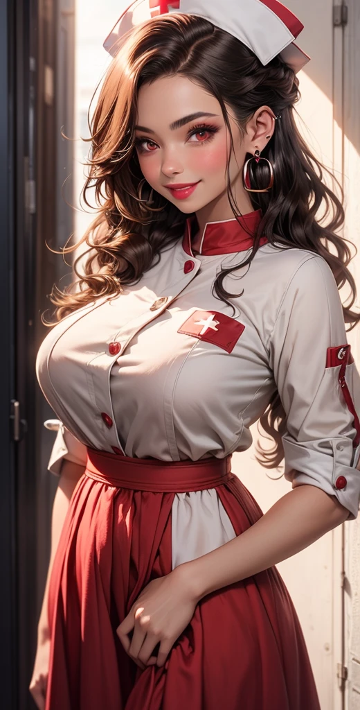 face, long_hair, gorgeous, girl, cleavage, western asian, top, hot girl, sexiest vibrant color dress ta inspired, sexy navel, big cleavage
((Nurse Costume, Classic White Dress, Red Cross Emblem:1.2))
((Hair Style: Neat Bun, with a Touch of Ribbon:1.2))
((Makeup: Natural Look with Emphasis on Bright Red Lipstick:1.2))
((Professional yet Stylish: Embracing the Nurse Chic Vibe:1.2))