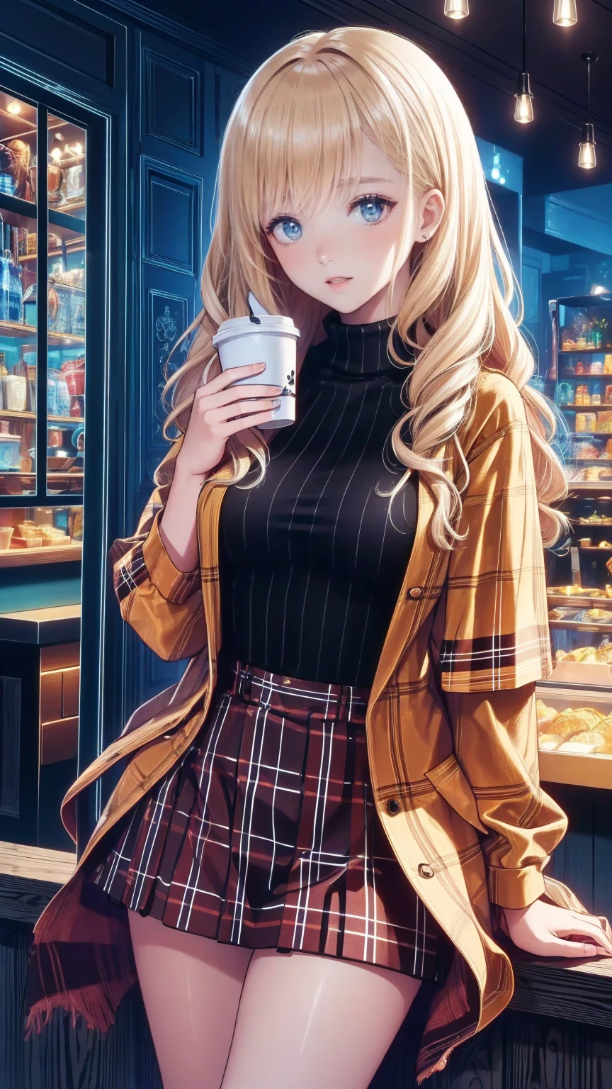 " Detailed illustration of a young girl sting in front of a cozy coffee shop.  she has long blond hair 、  wears a black turtleneck  ,  red skirt  , 、large plaid coat  .  coffee shop behind her  、  warm lighting with visible signs  . the mood is calm peaceful 、  the sky is slightly cloudy  , Should add warmth  , Autumn atmosphere.  and 、 includes city elements such as signs outdoor chairs .  the overall art style is soft  、  semi-realistic  ,  includes anime-style aesthetic elements ."
