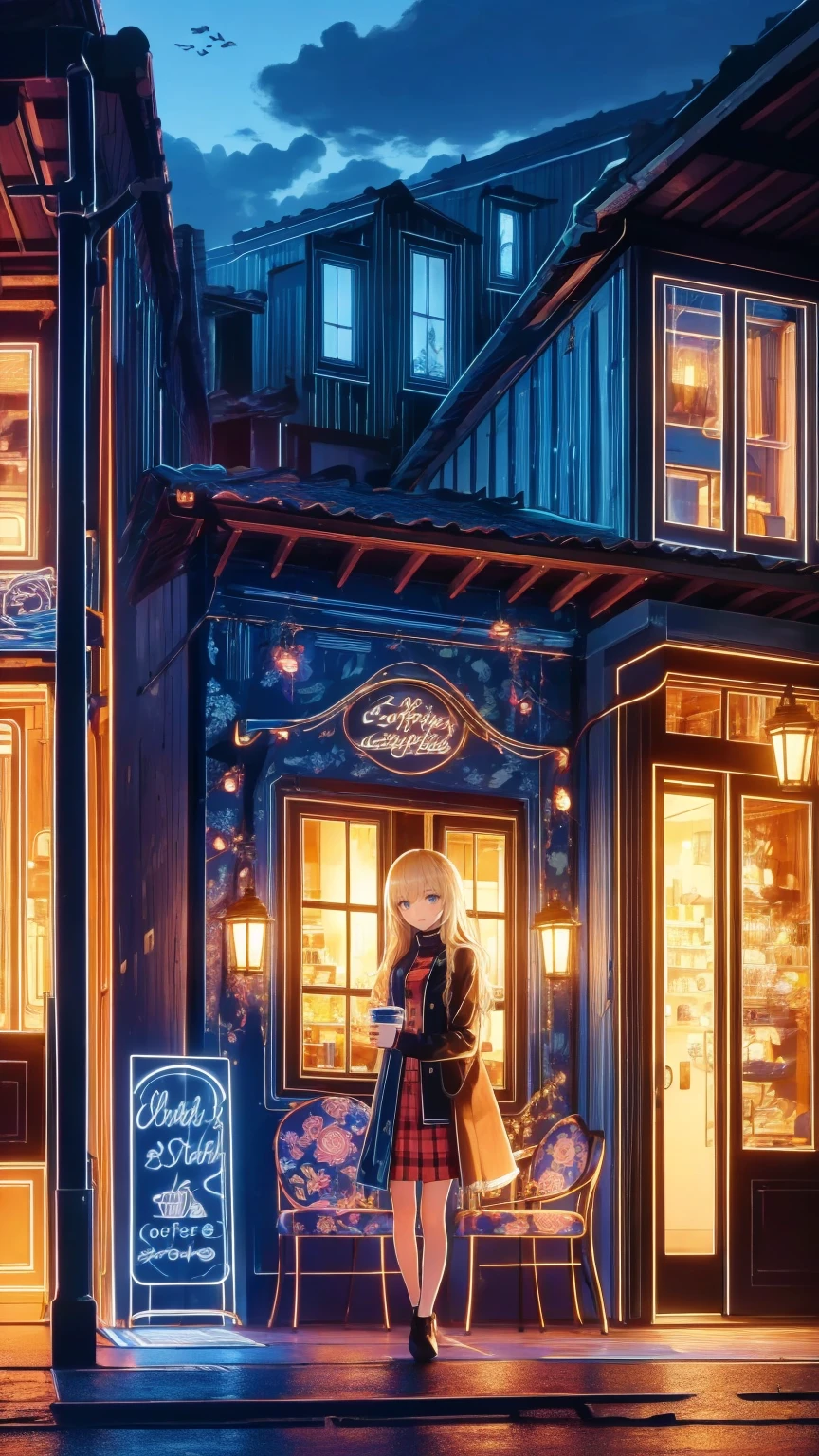 " Detailed illustration of a young girl sting in front of a cozy coffee shop.  she has long blond hair 、  wears a black turtleneck  ,  red skirt  , 、large plaid coat  .  coffee shop behind her  、  warm lighting with visible signs  . the mood is calm peaceful 、  the sky is slightly cloudy  , Should add warmth  , Autumn atmosphere.  and 、 includes city elements such as signs outdoor chairs .  the overall art style is soft  、  semi-realistic  ,  includes anime-style aesthetic elements ."
