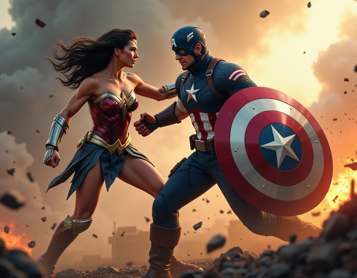Young Star-lord Vs. Wonder woman (Big tits), Fight, power, fiction, full body, 2 person
