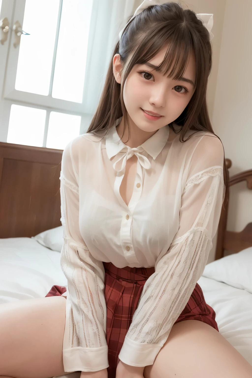 (masterpiece, Highest quality:1.2), One girl, alone, 「Full Body」, Crawling posture, (masterpiece, Highest quality:1.4),(8K,RAW Photos, Photo Real:1.2),Shiny skin, Detailed skin, Detailed face, Fine grain,One girl,Japanese Idols, Beautiful Face,Bright room、Two girls in the bedroom,Long-sleeved white shirt and pale pink bow tie,Checkered Pleated Micro Mini Skirt,White Thong,(((Get on all fours on the bed)))、18-year-old,bangs,Smile a little,Thighs,knees,share,Low Ponytail,One of her shirts is lifted up to reveal her beautiful breasts.、スカートが捲れて美しいshare間が確認できる、