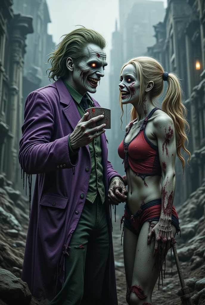 ((masterpiece)) ((photography)) ((Highest quality)) A horrifying zombie couple version of the Joker and Harley Quinn, standing together in the heart of a destroyed Gotham. The Joker's purple suit is ragged, stained with blood and grime, his decayed face still holding his iconic grin, but twisted and skeletal, revealing exposed teeth and bone. His green hair is wild and tangled, matted with decay. Harley Quinn, in her torn red and black outfit, has her once-beautiful pigtails hanging lifeless, matted with dirt and blood. Her face, still marked by a distorted, manic smile, is rotting away, exposing her skull in places. Together, they stand side by side, holding hands as their grotesque forms loiter in the ruined cityscape. The Joker clutches a blood-splattered playing card, and Harley holds her infamous mallet, both grinning in madness, eyes glowing with hunger. The background shows the crumbling remains of Gotham, fog creeping through the streets. Hyper-realistic details like decaying flesh, exposed bones, and their twisted expressions emphasize the grotesque nature of their bond in this apocalyptic nightmare.