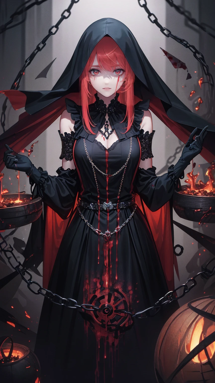 .( top quality,4K, high definition ,  Masterpiece  :1.2), very detailed, realistic :1.37, Spooky altar background ,Dark fantasy,Red Scheme ,Ominous atmosphere,Eye-catching,story,anatomy, anime style, concept art,beautiful細部までこだわった顔と (((red eyes ))),A terrifying ritual ,Satan's Ritual ,Premature death,Inappropriate behavior,クレイジーなsmile,Scythe Face,Girl Monster , beautiful,  kind顔立ち,  sharp eye,  sharp fangs, pale Skin, Thick Chain, Dark Background,  movie lighting, Dramatic Shadows, Gothic,  Gloomy Atmosphere , Dark fantasy, 1 person&#39;S,  please open your mouth wide, Open your mouth and baring your teeth,Sharp teeth like a beast, Wide lips, Very big mouth,  red cheeks , ,( Blood Splatter :1.4),Scary smile, smile, angel design , TwiSted smile、Bloody、Head bleeding,,,,,、 Blood Splatter 、,( Blood Splatter :1.4), skull bones,Horrorスタイル, (( Fantasy Sweet Taffle Ruffle Pink Costume)), (( Flowing blonde hair )), ,( Blood Splatter :1.4),Female Curves,  Sexy Flat Stomach ,   perfect hands,  Perfect Anime Character Faces , (pink tutu dress)),  standing, ((邪悪なsmile)), ,( Blood Splatter :1.4), Steam circulation, Moonlight Illumination, night lighting, ( Blood Splatter :1.6),アニメ angel design , TwiSted smile、Bloody、Head bleeding,,,,,、 Blood Splatter 、,( Blood Splatter :1.4),  skull bones,Gothic architecture、Western architecture、ファンタジーのworld、,Victorian city, Skeleton Gas Light, absurd,  high definition 、 (( table top in front of you)), (( top quality)), ( very detailedな), (( very detailed)), (beautiful), ((cute)), (NFSW:1.8), 1 personで,(:1.6)、(world&#39;The most terrifying and creepy demon :1.5)beautiful face、 Full Body Esbian、pale, beautiful肌、beautiful金の髪、 smiling gently 、Dark building ruins、(snow white&#39; ruffle dress:1.3)、(Dark ruins stained with blood:1.3)、Low angle full body shot、(少女は血の海の中に standing:1.5)、(The ground is :1.3)、(Lost a lot of blood...:1.3)、(クレイジーなsmile:1.6)、Spirit、(  Blood Drips From Her Mouth :1.3)、Neo-Gothic, Wearing a black dress and a white collar,  wearing a black hat、 with heavy makeup ,  standing in a mystical garden surrounded by vines.  The garden is full of dark purple flowers  .、背景のGothic architecture。. &#39;Blonde hair、、 red roses are attached to her side 。. Her eyes are sharp、It&#39;stabbing.,  thick black eyeliner and long lashes . 彼女は顔色がpale.、Lips bright red.. The atmosphere is gloomy and eerie, Dim lighting casts long shadows.  This piece combines digital illustrations and photographs....., result、驚くほど high definition の画像が生まれました. Most colors are dark、I&#39; kind,   dark red and purple exude dark beauty .. The style is neo-Gothic., Horror,  Portrait Photo ,  create a unique and engaging visual experience .Dark Imagery
