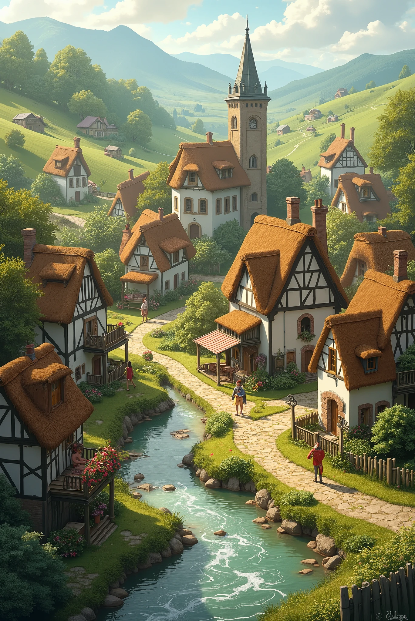 There is a small town with a river running through it - SeaArt AI