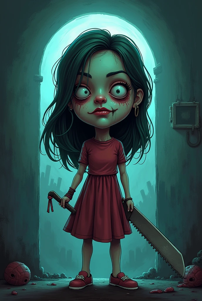 (masterpiece, best quality), (good anatomy, good proportion, detailed face),
<lora:KakRose(UpinDanIpin):0.9> 1girl, solo, long hair, ponytail, black hair, black eyes, tied hair, holding weapon, holding knife, blood on weapon, blood on face, blood splatter, crime scene, walking to viewer, smile,
choker, thighhighs, school uniform, dead bodies, shoes, white shirt, skirt, hallway, school hallway,