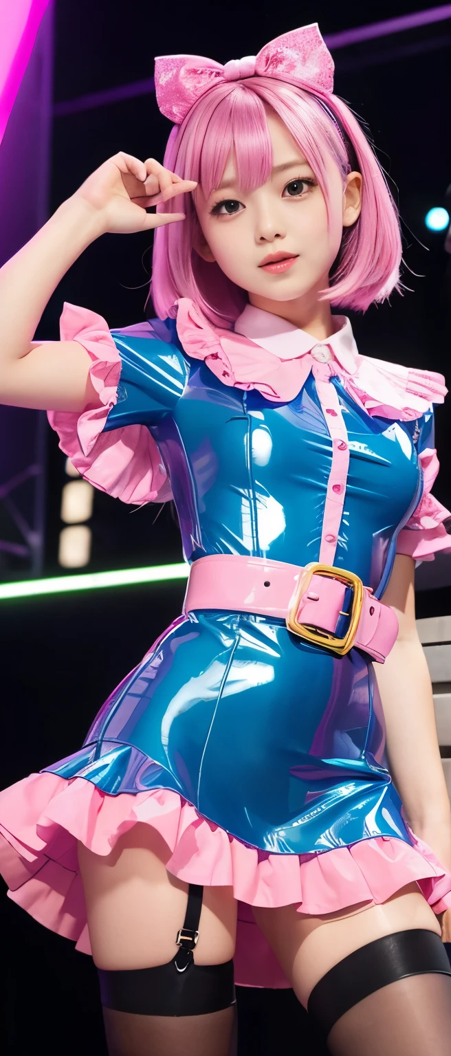 Pure idol girl( shiny hair)、、Thick legs、、 Fluorescent Blue Latex Tight Dress、Cool Belt、Pink Ruffle Shirt 、、Good style、A pure girl's face