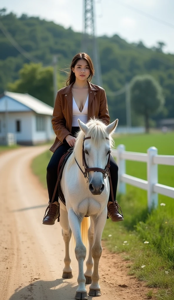 A beautiful young woman(18 year old), (Pretty Idol, Thai face), white pale skin,cute mouth, cute eye, high nose, beautiful CUP-G chests, Thai model, very long undo hair,white skin,smooth skin,white skin, a woman with a large breast. wearing a deep v-neck white sports bars strikingly exposed chest slits and wearing a brown leather jacket and wearing black riding breeches, brown cowboy boots is riding a white  horse on a farm.The image shows a dirt road winding through a green field with a white fence on the right side. On the left side of the road, there is a white building with a sloping roof. In the background, there are trees and a hill covered in greenery. The sky was clear and there were power lines running along the road. The overall mood of the picture is bright and cheerful.A beautiful young woman(18 year old), (Pretty Idol, Thai face), white pale skin,cute mouth, cute eye, high nose, beautiful CUP-G chests, Thai model, very long undo hair,white skin,smooth skin,white skin, a woman with a large breast. wearing a deep v-neck white sports bars strikingly exposed chest slits and wearing a brown leather jacket wearing black riding breeches, brown cowboy boots is riding a white horse on a farm, ยิ้ม, รอยยิ้มยั่วยวน, 
