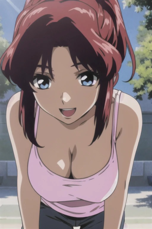((best quality)), ((masterpiece)), (detailed), perfect face, brown skin anime woman in a deep V-neck tied top, (bare shoulders), (bare arms), (jeans), (long hair), starving, (resting hands on the stomach), (hands on the stomach)