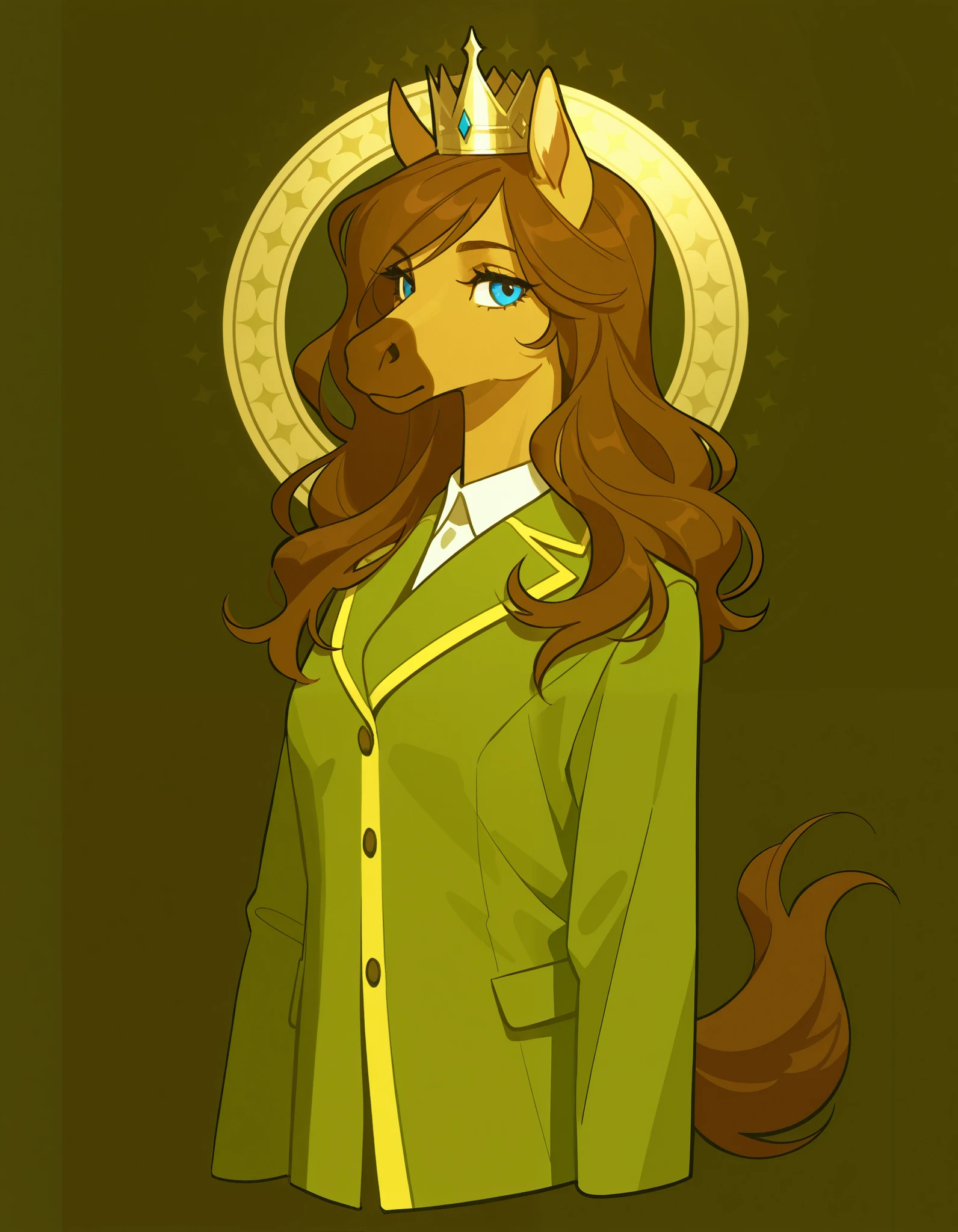 valbun, solo, anthropomorphic horse, 1 girl, furry female, furry horse, light brown fur, blue eyes, long snout, dark brown mane, green clothes with large yellow stripe, crown,