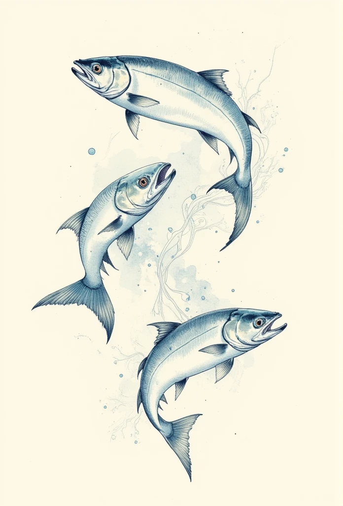   ภาพลายเส้น,ภาพวาดของ,3 salmon, pencil colour, (sketch picture), illustration , blue line colours, retro colour , white colour 