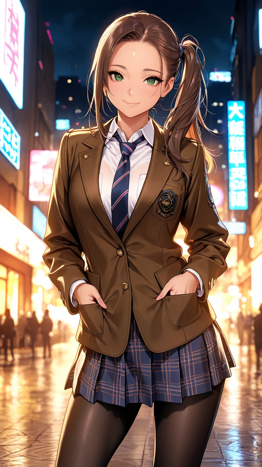 masterpiece, best quality, very aesthetic, semi-realistic, Sharp Focus, high contrast, 1girl, detailed green eyes, smile, semi-long hair, dark brown silky hair, forehead,  sliced back hair, forehead,  sliced back hair, side ponytail, contrapposto, Captivating thighs, uniform, brown blazers, (hads in pocket, unbutton), Green tie, Plaid Pleated Skirt, black tights, rainy cyber city, at night