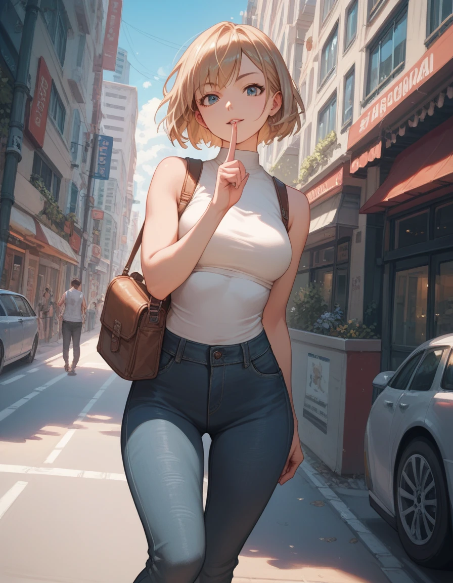 ((anime style, detailed finger)), 1 woman, dynamic angle, street, sleeveless shirts, knee length pants, pumps