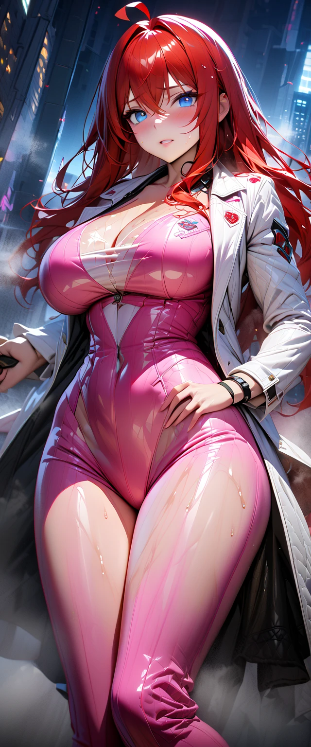 High resolution, masterpiece, best quality, high quality model, high detail, high quality, very detailed, ultra high resolution, red hair, long hair, ahoge, blue eyes, big breasts, sweat all over, steam, one woman, pink bodysuit, pink high leg leotard, white long coat, torn clothes, night, office district, rooftop of a building,