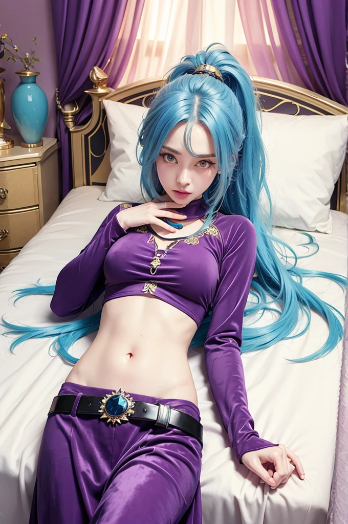 SCHALA, long blue hair, ponytail, purple eyes, long sleeved velvet top, midriff, navel,  purple velvet skirt, belt, jewels, lying on bed, hand rubbing stomach, relaxed, royal bedroom