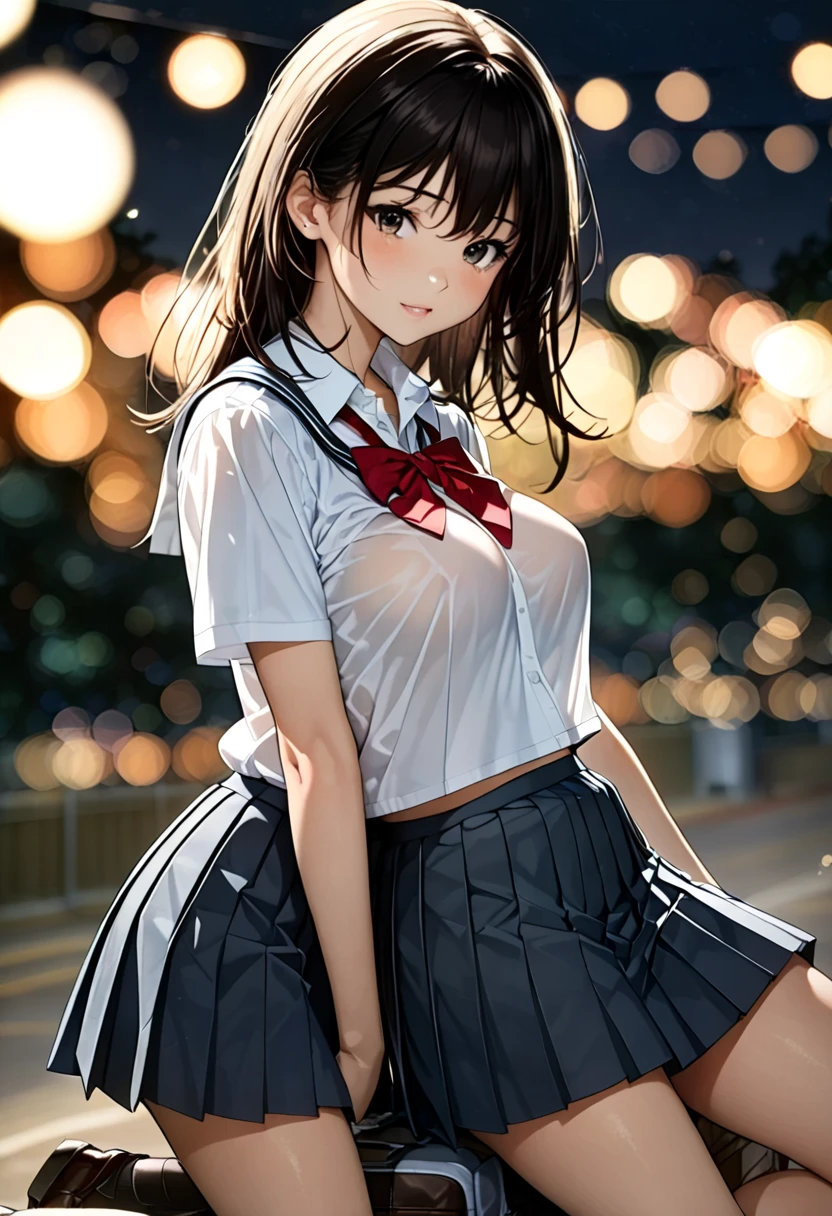 (Two Girls), ( top quality), ( Ultra Details ), (Detailed light), ( very delicate and beautiful),  brown hair,  Brown Eyes , Model, (Quite small breasts:1.3), Bare Skin, (bare breasts:1.2), (High School Uniform,  pleated skirt :1.3), (High School Uniform with wide open breasts:1.4),  top quality,  Highly Detailed CG Unified 8K Wallpaper ,  high-resolution raw color pictures ,  Professional Photography , (((Bokeh))),  depth of field,  beach , sea, evening, sunset,