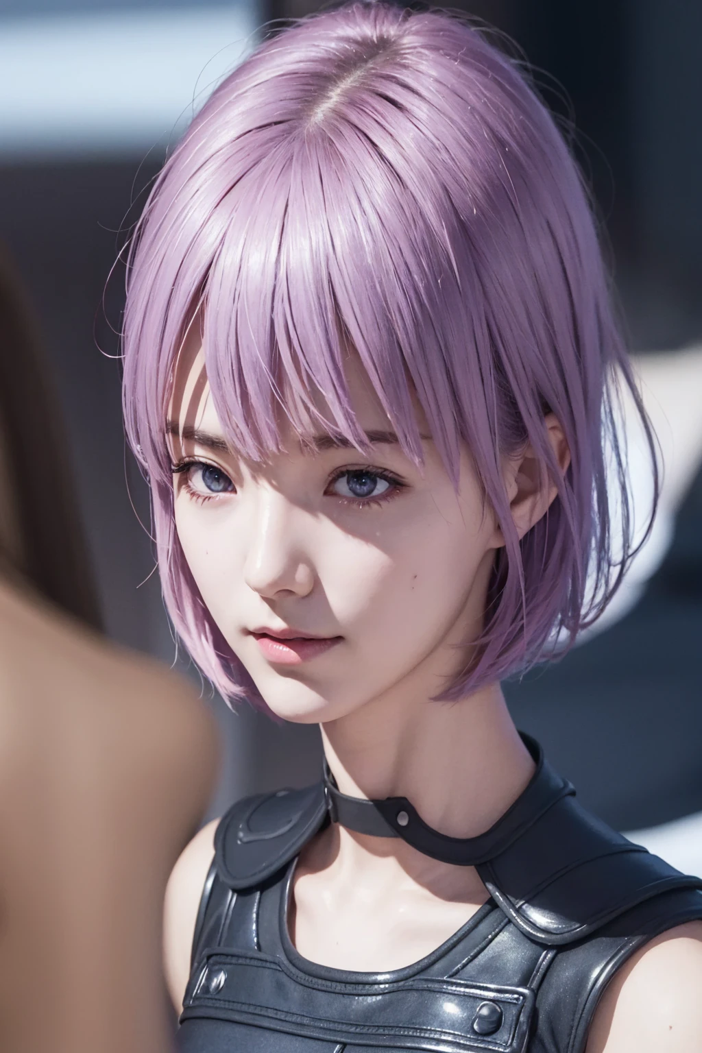 whole body,   Masterpiece  ,  top quality,  one girl, (  Details), , Dark Cross Shield,  Mash Kyrierite ,  light purple hair,  shorthair, My hair hangs over my eyes, smile,  slender body , fine grain, 超 Details,  surreal, 8k,  movie lighting, Dramatic lighting,  dramatic atmosphere , 複雑な Details, 繊細な Details,  Perfect Skin,  beautiful face,  Graceful Posture, Powerful Being,  attractive expression,  vibrant colors, Amazing Contrasts 