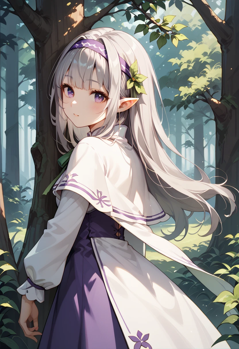  1 girl , forest, behind the tree ,  purple eyes,  headband,  long hair, Grey Hair, pointy ears,  short bang,  white capelet, Purple Dress, Green ribbon,  Long Sleeve ,