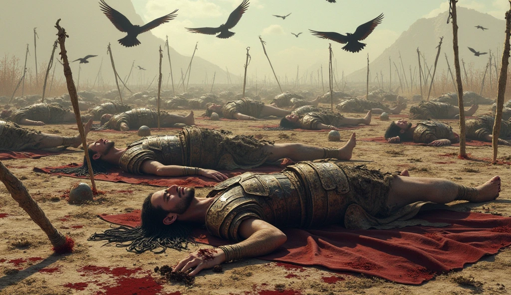 make a battle ground scene of greek ancient time fights going on and castles on fire and dark skies with vultures around. Then there is a middle aged greek warrior lying completely wounded and a spear wounding through his arm and blood, renaissance cinematic 