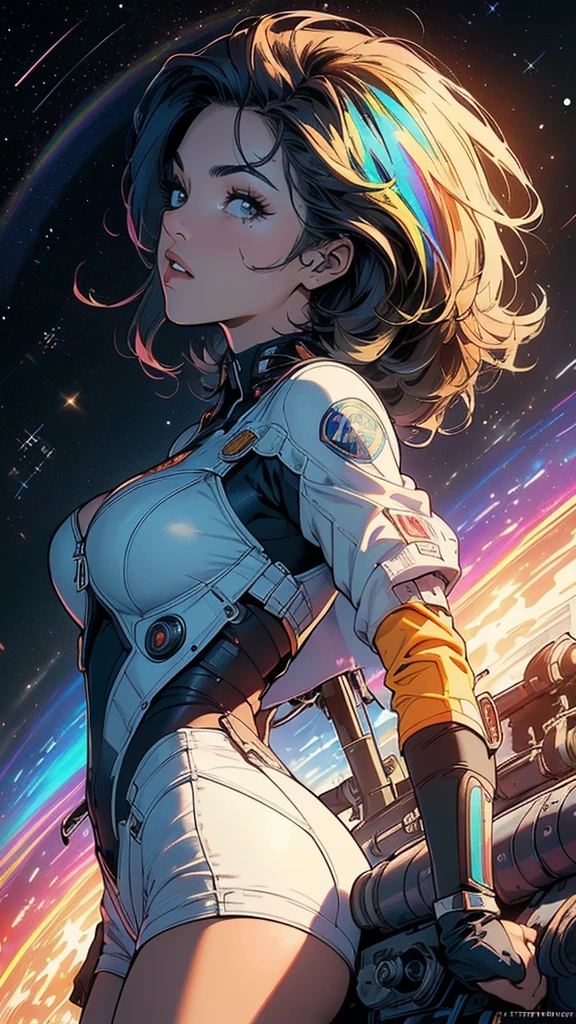 ((((A young woman))), the anime, Green eyes, (black hair), Nice face, ssmile, the perfect body, Wavy Hair, hairlong, (((morena))), big breastes, ((tmasterpiece, beste-Qualit)), illustartion, ультра детализированная 8k, Photorealistic, sharp-focus, higly detailed, Professional lighting, colorful details, Rainbow colors, Glowing, intricate detials, Vivid details, (white skirt), (blue jacket), (The head is bandaged with a bandage), blood on the face, Bruises on his hands, hands in bandages, After the fall, outer space, Planet, the stars, a space ship , (head band), (drops of blood on the face), Blue beret on the floor