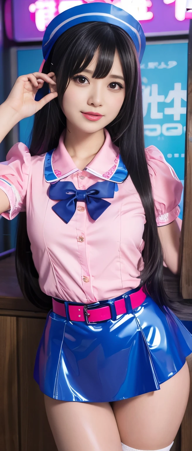 Pure idol girl（ shiny hair）、、Thick legs、、fluorescent blue latex waitress uniform、Cool Belt、Pink Ruffle Shirt 、、Good style、A pure girl&#39;s face