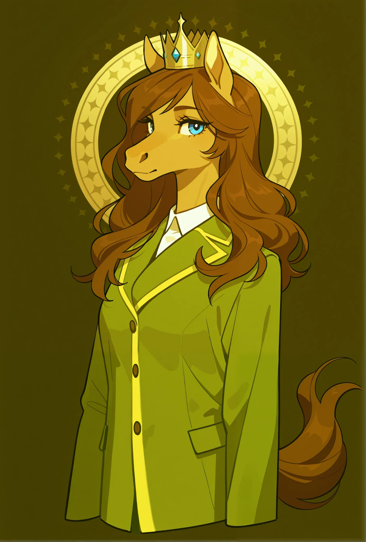 valbun, solo, anthropomorphic horse, 1 girl, furry female, furry horse, light brown fur, blue eyes, long snout, dark brown mane, green clothes with large yellow stripe, crown,