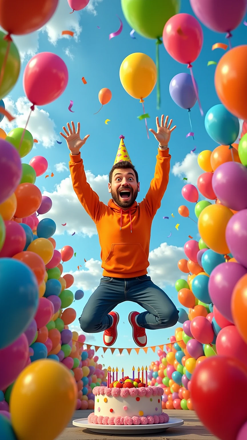 "A vibrant birthday scene filled with colorful balloons of various sizes and patterns floating in the air. A cartoonishly exaggerated man bursts through the balloons, mid-jump, with his arms raised in a celebratory pose. The man has a comical expression of joy and surprise, wearing a party hat, a bright outfit, and oversized shoes. The balloons scatter realistically around him, creating a dynamic composition. The background is decorated with birthday banners, confetti, and a large birthday cake with candles. High detail, realistic textures with a fun and whimsical cartoon style." 
