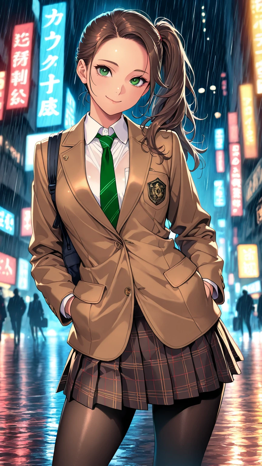 masterpiece, best quality, very aesthetic, semi-realistic, Sharp Focus, high contrast, 1girl, detailed green eyes, smile, semi-long hair, dark brown silky hair, sliced back hair, forehead,  sliced back hair, side ponytail, contrapposto, Captivating thighs, uniform, brown blazers, (hads in pocket, unbutton), Green tie, Plaid Pleated Skirt, black tights, rainy cyber city, at night