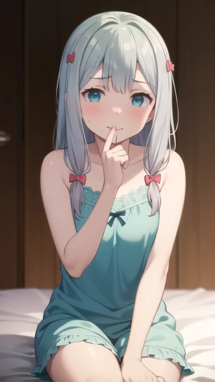 1girl, elaina (majo no tabitabi), akanbe, eyelid pull, breast, {finger to eye}, tounge out, cowboy shot, bent over, pajamas, serafuku, night, bare shoulder, looking at viewer, bedroom, indoor, window, furniture, {{best quality, masterpiece, high quality, amazing quality, very aesthetic, intricate details}},